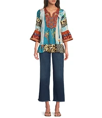Calessa Embroidered Patchwork Split V-Neck 3/4 Sleeve Tunic