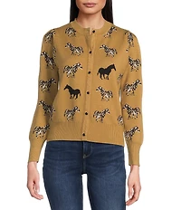 Calessa Intarsia Animal Print Crew Neck Long Sleeve Button-Front Cardigan