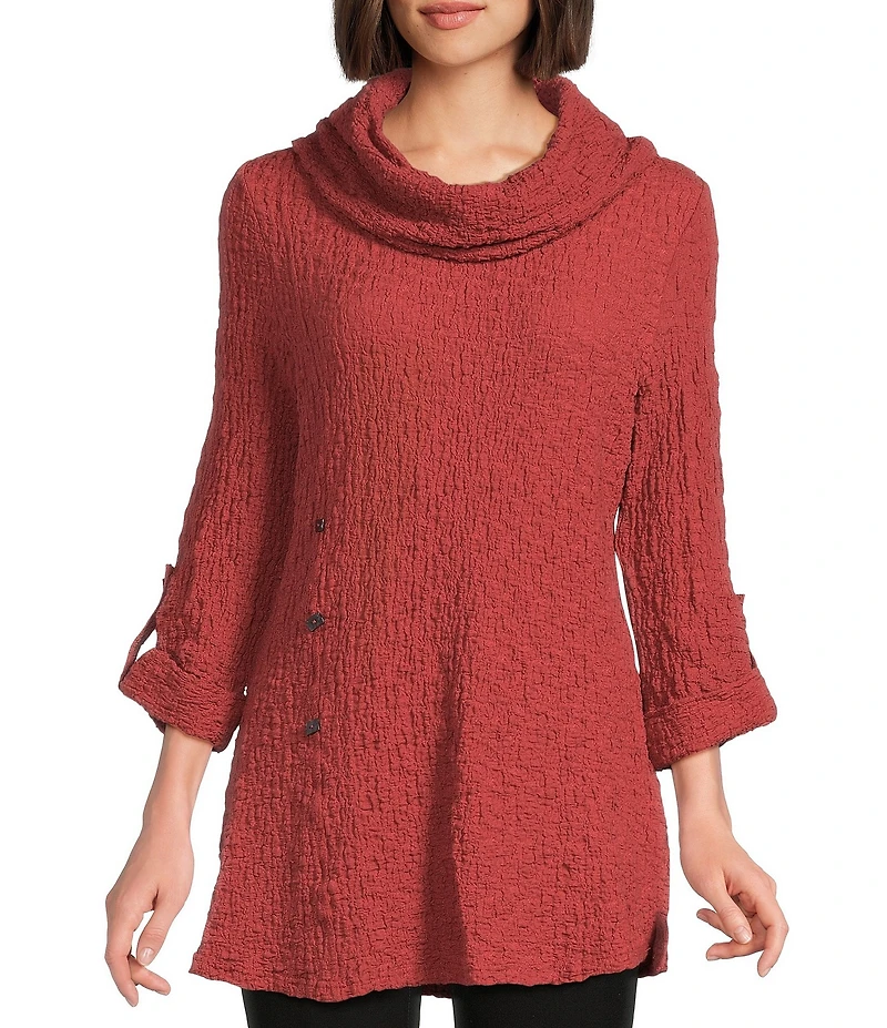 Calessa Solid Textured Cowl Neck 3/4 Sleeve Tunic