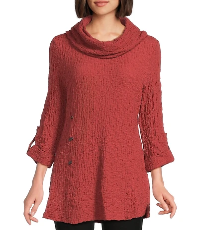 Calessa Solid Textured Cowl Neck 3/4 Sleeve Tunic