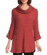 Calessa Solid Textured Cowl Neck 3/4 Sleeve Tunic