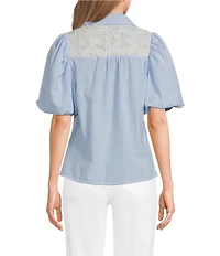 Calessa Stripe Collared Elbow Balloon Sleeve Lace Detail Blouse