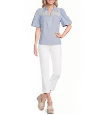 Calessa Stripe Collared Elbow Balloon Sleeve Lace Detail Blouse