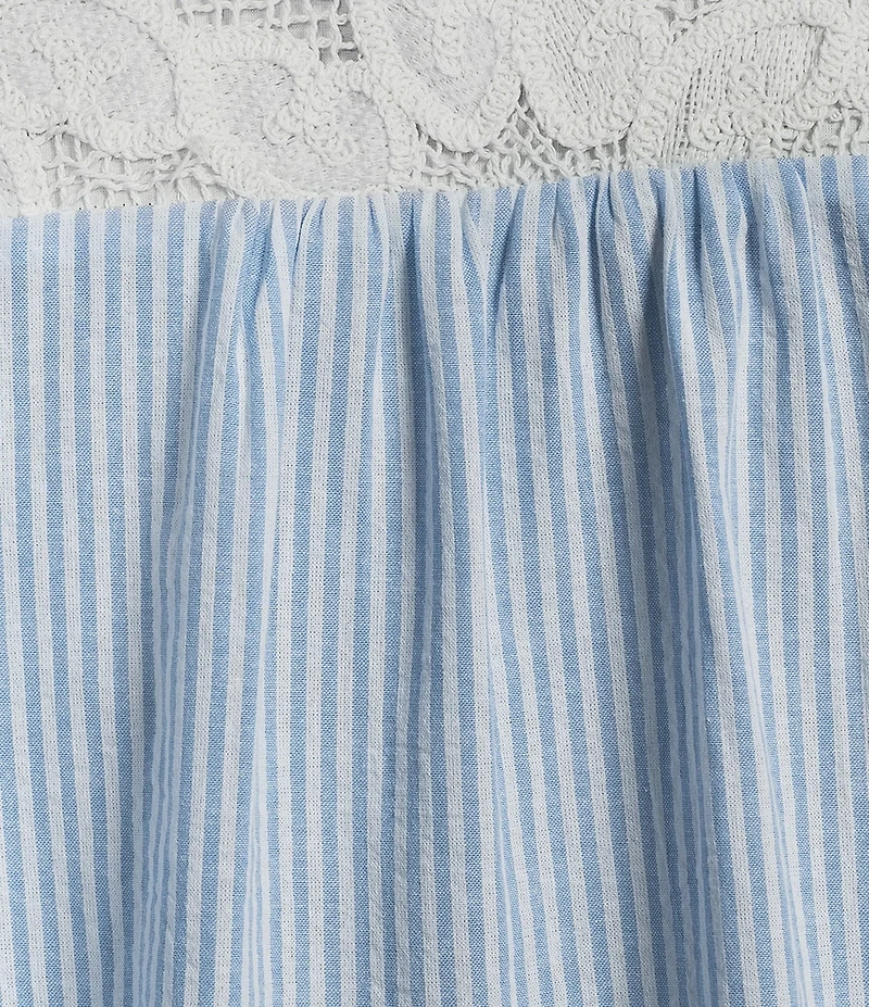 Calessa Stripe Collared Elbow Balloon Sleeve Lace Detail Blouse