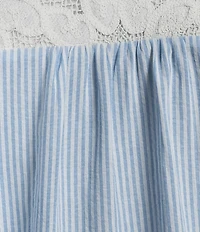 Calessa Stripe Collared Elbow Balloon Sleeve Lace Detail Blouse