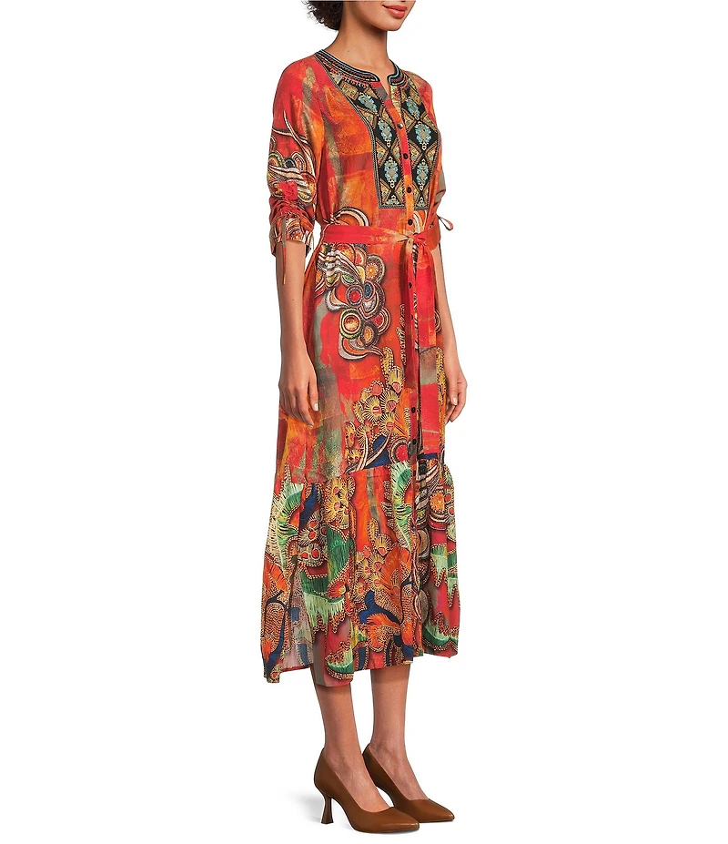 Calessa Abstract Antique Embroidered V-Neck 3/4 Sleeve Button Front Midi Dress