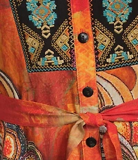 Calessa Abstract Antique Embroidered V-Neck 3/4 Sleeve Button Front Midi Dress