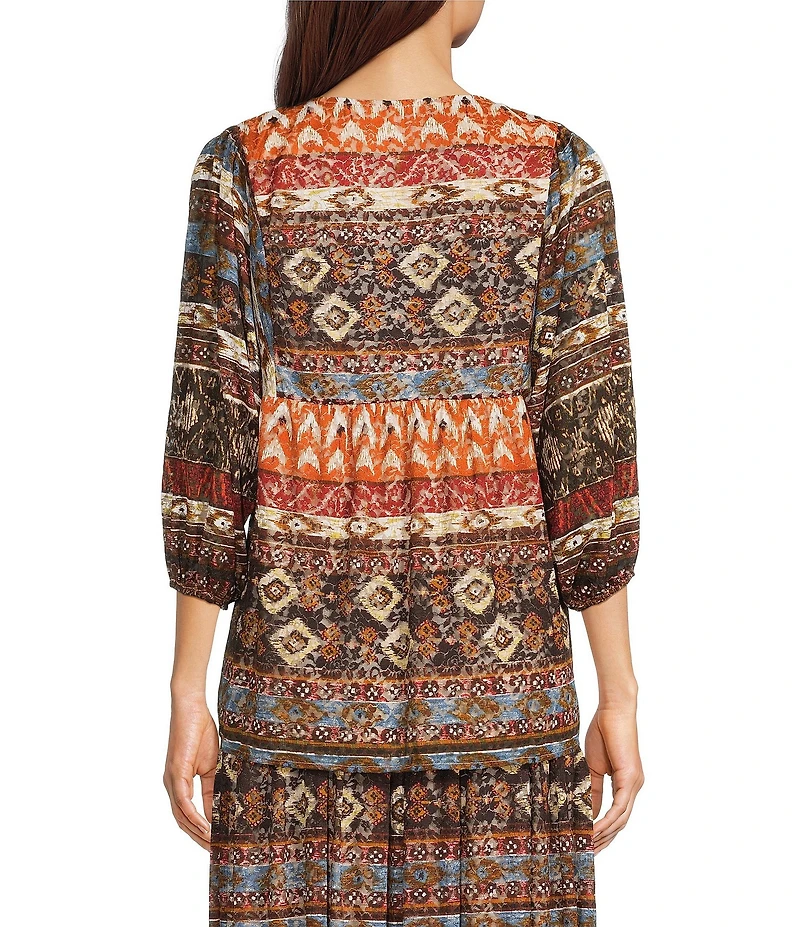 Calessa Coordinating Abstract Border Print Split V-Neck Long Sleeve Popover Mesh Tunic