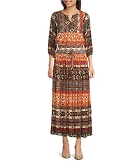 Calessa Coordinating Abstract Border Print Split V-Neck Long Sleeve Popover Mesh Tunic