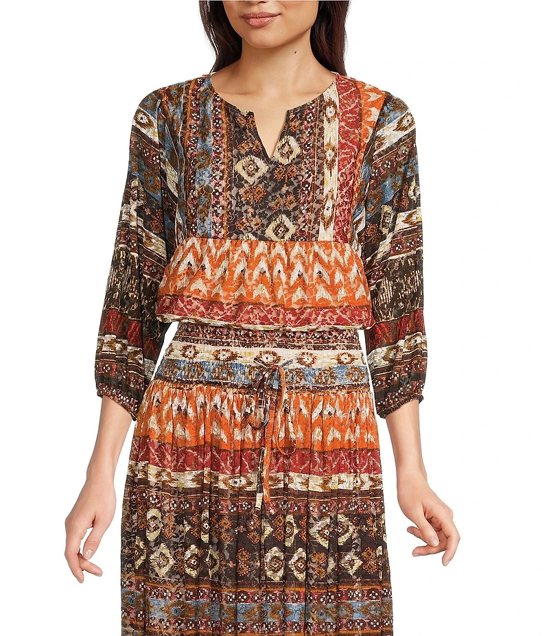 Calessa Coordinating Abstract Border Print Split V-Neck Long Sleeve Popover Mesh Tunic