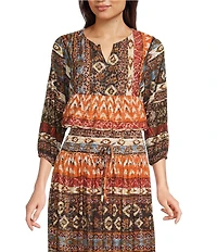 Calessa Coordinating Abstract Border Print Split V-Neck Long Sleeve Popover Mesh Tunic