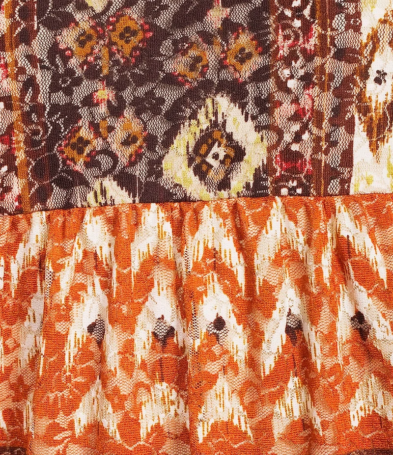 Calessa Coordinating Abstract Border Print Split V-Neck Long Sleeve Popover Mesh Tunic