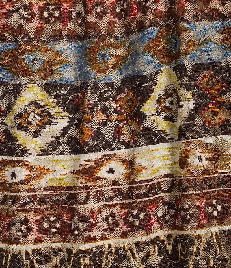 Calessa Abstract Border Print Square Neck Elbow Sleeve Mesh Knit Tunic