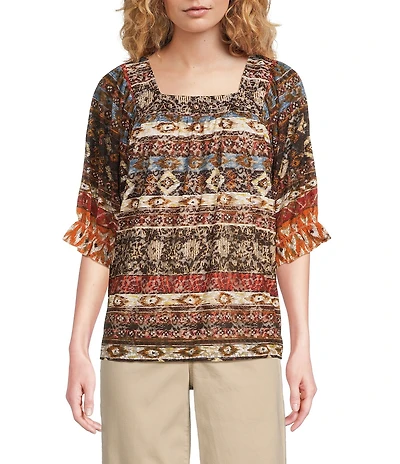 Calessa Abstract Border Print Square Neck Elbow Sleeve Mesh Knit Tunic
