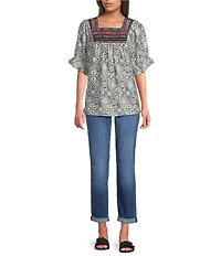 Calessa Abstract Embroidered Square Neck Short Sleeve Tunic
