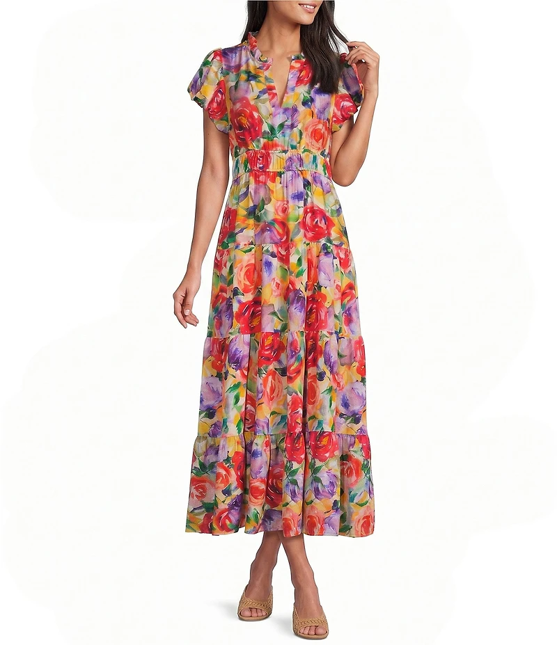 Calessa Abstract Floral Border Print Split V-Neck Short Sleeve Belted Dress