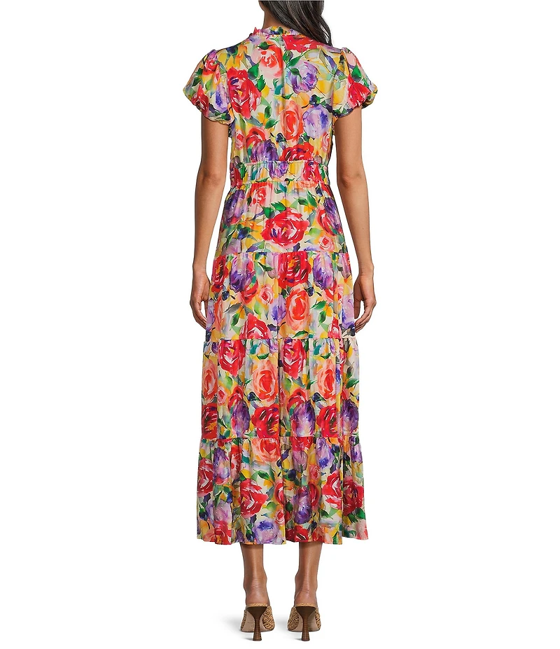 Calessa Abstract Floral Border Print Split V-Neck Short Sleeve Belted Dress