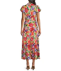 Calessa Abstract Floral Border Print Split V-Neck Short Sleeve Belted Dress