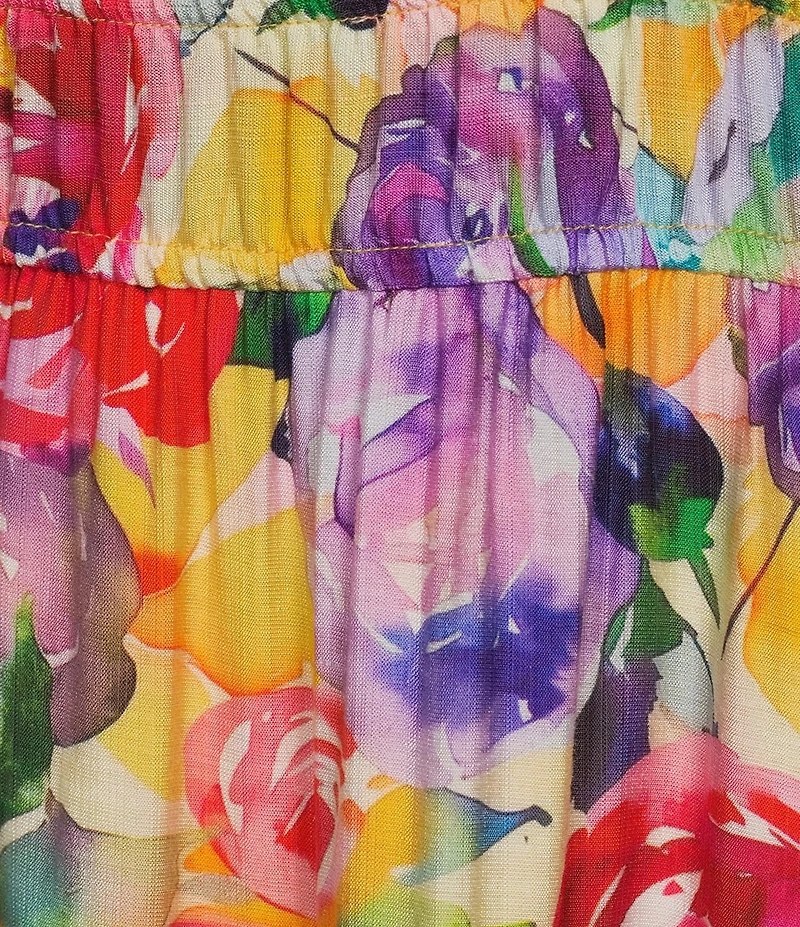 Calessa Abstract Floral Border Print Split V-Neck Short Sleeve Belted Dress