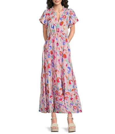 Calessa Abstract Floral Split V-Neck Elbow Puff Sleeve Tiered A-Line Midi Dress