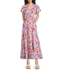 Calessa Abstract Floral Split V-Neck Elbow Puff Sleeve Tiered A-Line Midi Dress