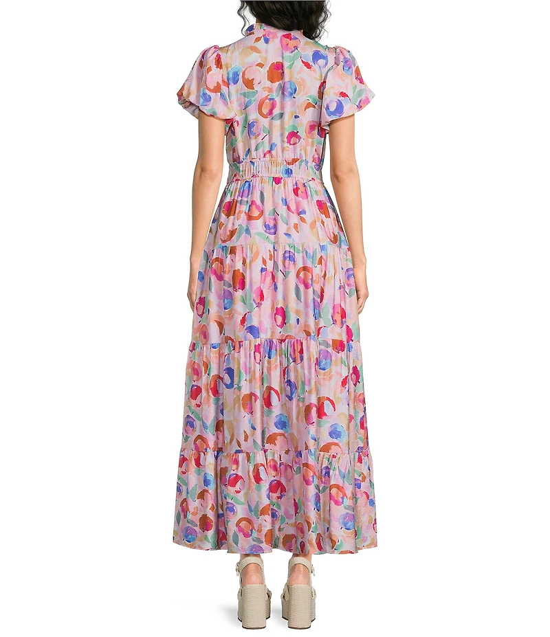 Calessa Abstract Floral Split V-Neck Elbow Puff Sleeve Tiered A-Line Midi Dress