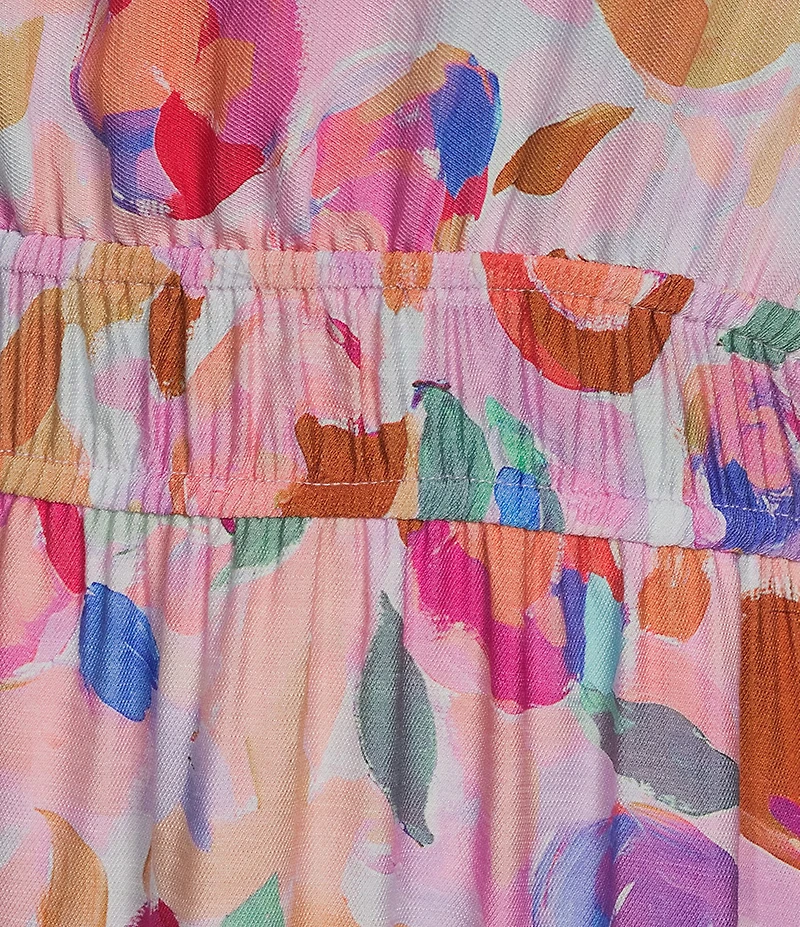 Calessa Abstract Floral Split V-Neck Elbow Puff Sleeve Tiered A-Line Midi Dress