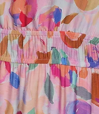 Calessa Abstract Floral Split V-Neck Elbow Puff Sleeve Tiered A-Line Midi Dress