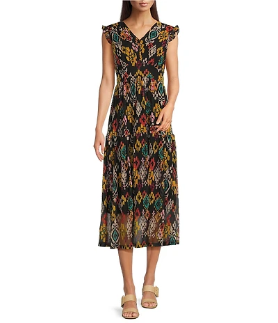 Calessa Abstract Ikat Print Plunge V-Neck Cap Flutter Sleeve Smocked Tiered Midi Dress