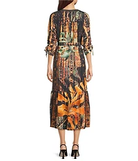 Calessa Abstract Mosaic Embroidered Banded V- Neck 3/4 Sleeve Tiered A- Line Midi Dress