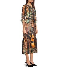 Calessa Abstract Mosaic Embroidered Banded V- Neck 3/4 Sleeve Tiered A- Line Midi Dress