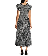 Calessa Abstract Paisley Scoop Neck Ruffle Cap Sleeve Midi Dress