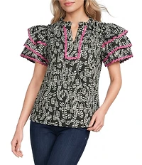 Calessa Abstract Print Contrast Ric Rac Ruffle Layered Sleeve Top