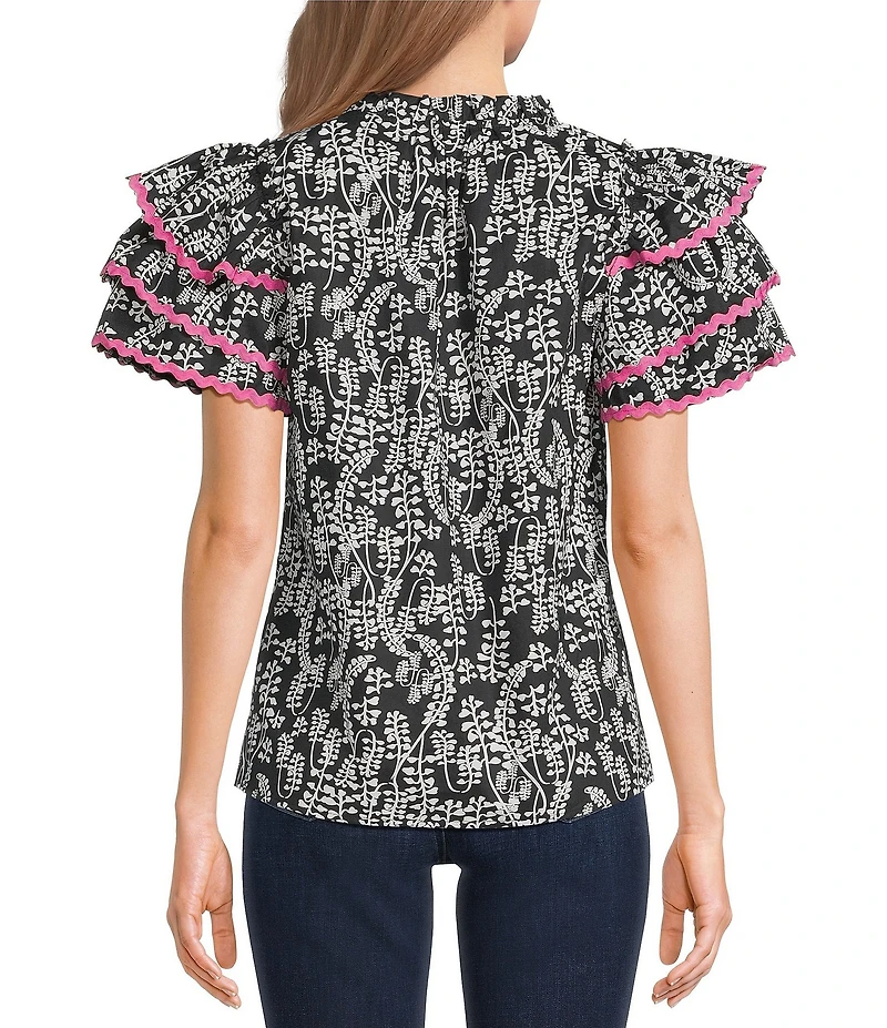 Calessa Abstract Print Contrast Ric Rac Ruffle Layered Sleeve Top
