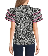 Calessa Abstract Print Contrast Ric Rac Ruffle Layered Sleeve Top