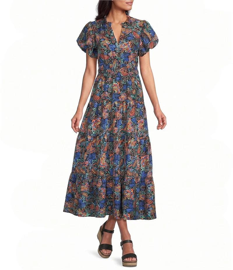 Calessa All Over Embroidery Split V-Neck Short Sleeve A-Line Midi Dress