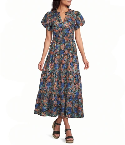 Calessa All Over Embroidery Split V-Neck Short Sleeve A-Line Midi Dress