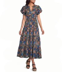 Calessa All Over Embroidery Split V-Neck Short Sleeve A-Line Midi Dress