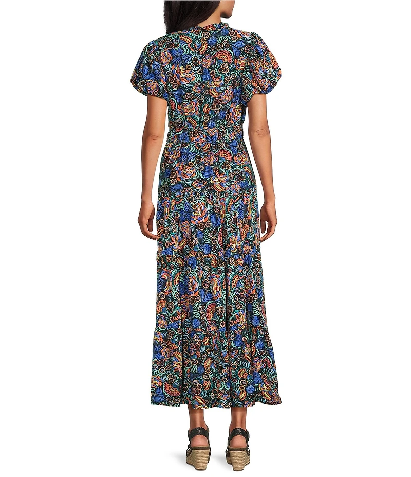 Calessa All Over Embroidery Split V-Neck Short Sleeve A-Line Midi Dress