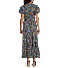 Calessa All Over Embroidery Split V-Neck Short Sleeve A-Line Midi Dress