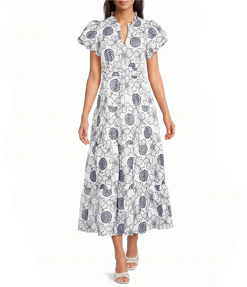 Calessa Allover Embroidery V-Neck Short Sleeve A-Line Dress