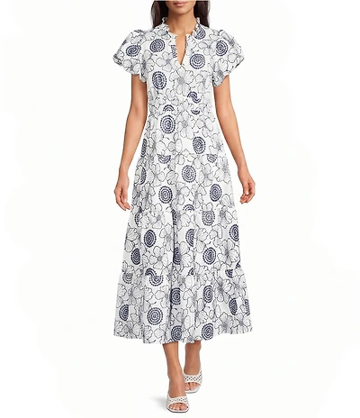 Calessa Allover Embroidery V-Neck Short Sleeve A-Line Dress