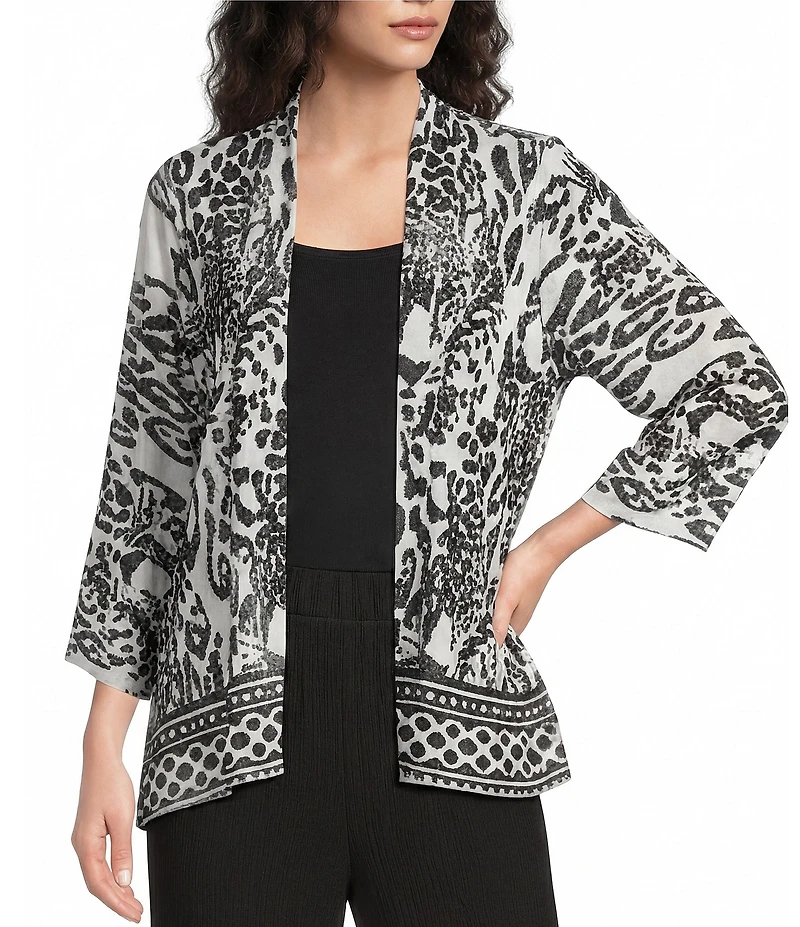 Calessa Animal Burnout Tie-Dye Draped Open Front Wrist Length Sleeve Cardigan