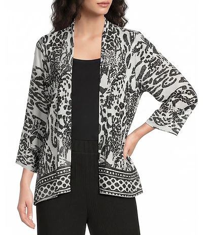 Calessa Animal Burnout Tie-Dye Draped Open Front Wrist Length Sleeve Cardigan