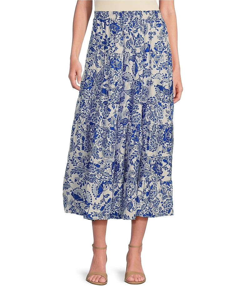 Calessa Antique Floral Print Embroidered Eyelet Hem Tiered Pull-On Skirt