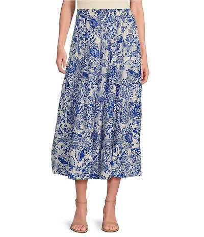 Calessa Antique Floral Print Embroidered Eyelet Hem Tiered Pull-On Skirt