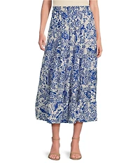 Calessa Antique Floral Print Embroidered Eyelet Hem Tiered Pull-On Skirt