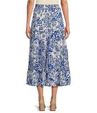 Calessa Antique Floral Print Embroidered Eyelet Hem Tiered Pull-On Skirt