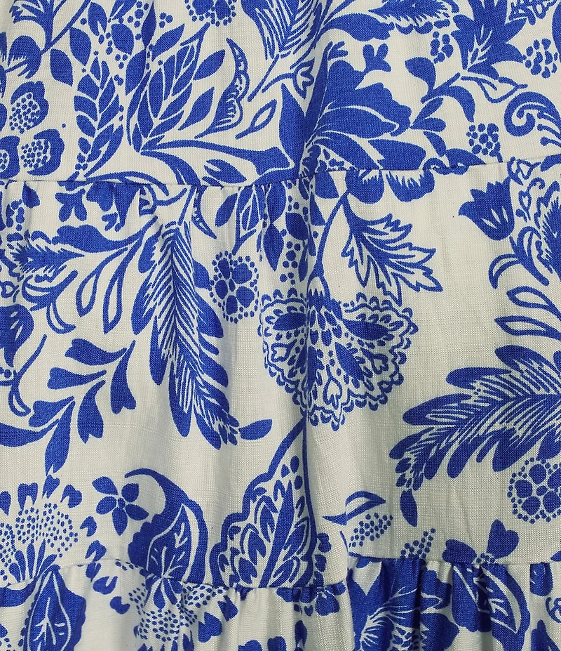 Calessa Antique Floral Print Embroidered Eyelet Hem Tiered Pull-On Skirt