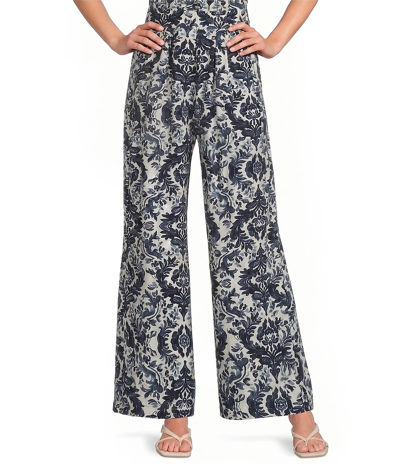 Calessa Coordinating Antique Mosaic Print Pull-On Wide-Leg Pants